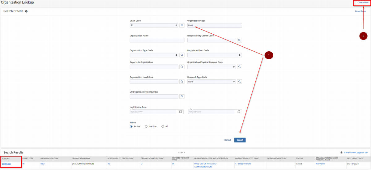 KFS organization lookup two options